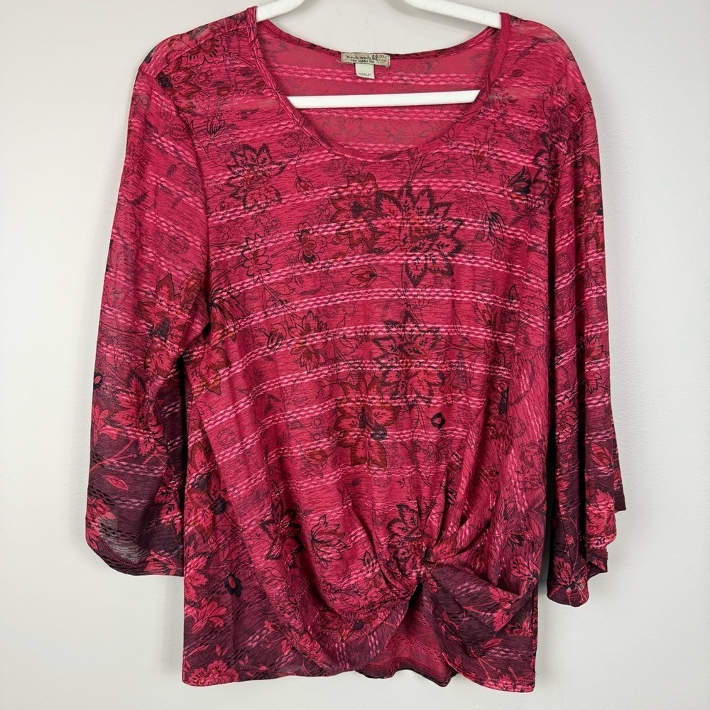 One World Top Womens XL Floral Red Shirt Tie Front 3/4 Sleeve Floral Boho Casual